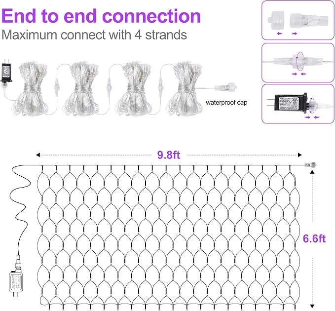 woohaha Outdoor Halloween Net Lights, 9.8FTx6.6FT 192 LED Plug-in Mesh Lights with 8 Lighting Modes, Connectable Light for Bush Halloween Christmas Garden Tree Holiday Wedding Party Decor, Purple
