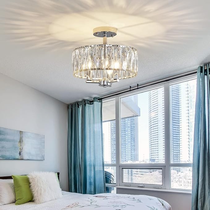 AGV LIGHTING CL003F K9 Crystal Ceiling Light Fixture, Modern Semi Flush Ceiling Lights, Perfect for Living Room, Bedroom, Dining Room, D13 x H15, 3-Light Chrome Finish