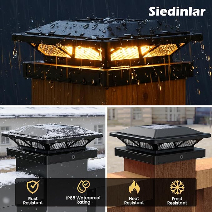 SIEDiNLAR Solar Post Cap Light 2 Modes 6 Pack, 3.5x3.5 4x4 4.5x4.5 5x5 Wooden/Vinyl Posts, Waterproof Outdoor Lighting for Fence Deck Patio Garden Decor, White/Warm (Black)