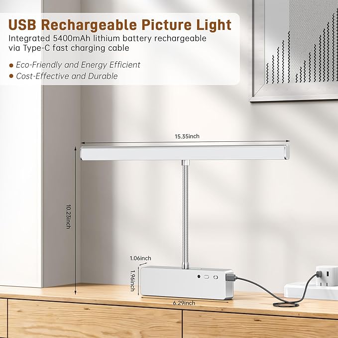Picture Light, 15.35inch Wireless Picture Lights for Wall Rechargeable, Battery Wall Lights for Pictures, 3 Color Art Lighting for Paintings with Timer and Dimmable for Display Gallery Frame (Silver)