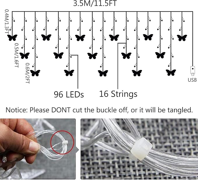 Lainin 12ft/3.5M USB Powered 8 Modes Butterfly Curtain Night Light Strip Icicle Fairy String Light, Perfect for Room Garden Wall Christmas Wedding Indoor/Outdoor Party Decoration - Warm White