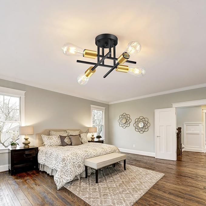 EGM Black & Gold Sputnik Ceiling Light Fixture, 4-Light Modern Flush Mount Ceiling Light with E26 Bulb Base, Close to Ceiling Lights for Dining Room Hallway Living Room Kitchen (2 Pack)