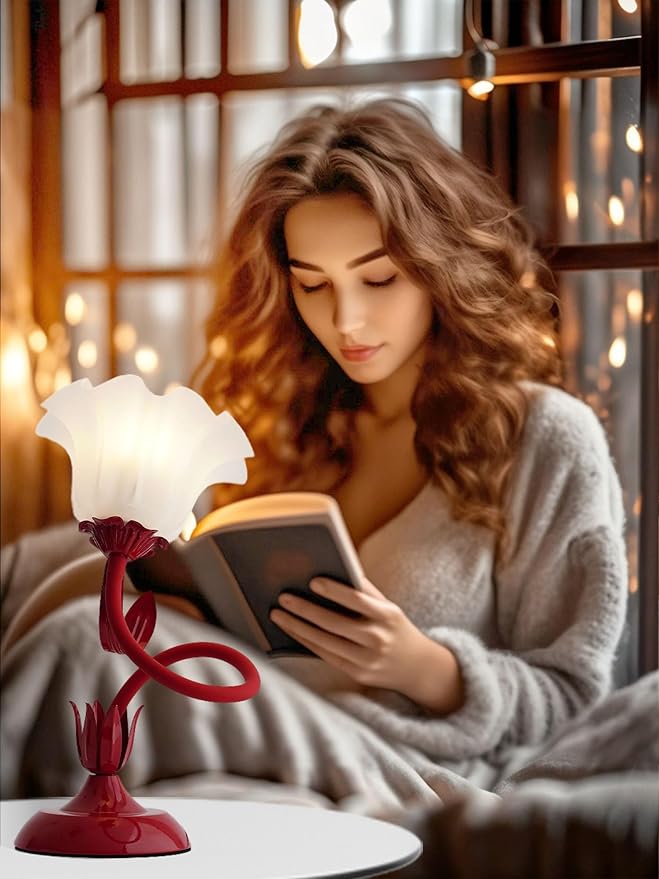 AQDZCNF Flower Table Lamp,LED Reading Light Bedside Vintage Flower Night Light,3 Colors Modes Kawaii Bedside Lamps Decor,Living Room Bedroom Room Lighting Table Lamps Home Decoration (Red)