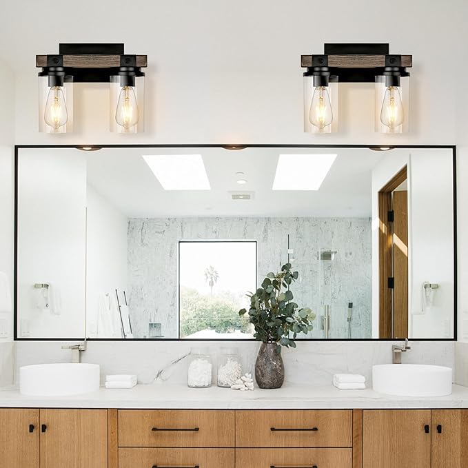 Farmhouse Bathroom Light Fixture Wood Black Vanity Lighting 2-Light Wooden Wall Sconce Industrial Rustic Wall Light Fixtures Over Mirror with Clear Glass Shade for Bathroom Hallway Kitchen Bedroom