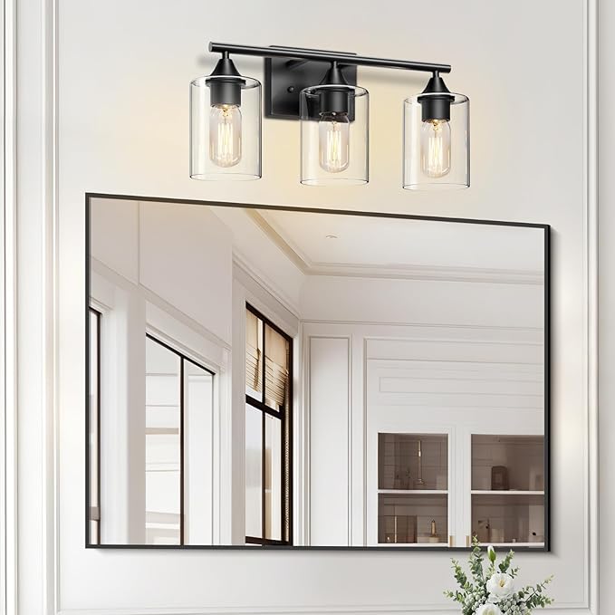 Bathroom Lighting Fixtures Over Mirror,3-Light Black Bathroom Vanity Light,Sconces Wall Lighting with Clear Glass Shade,Light Fixture for Bedroom Living Room Vanity Table Hallway
