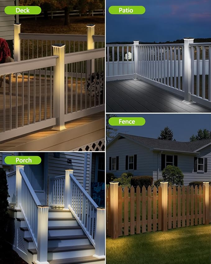Solar Post Cap Lights 8 Pack Upgraded 16LED Spot Lens Outdoor Waterproof Post Light 3-Color Modes Warm & Cool & Neutral White Solar Light Fit for 4x4 3.5x3.5 Vinyl and Wooden Dock Fence Deck Posts