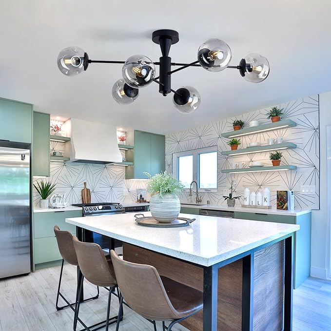 hesoge Modern Sputnik Ceiling Lights Black Semi Flush Mount Ceiling Fixture with Glass Globes 6 Light Chandelier for Dining Room Bedroom Living Room Kitchen Farmhouse.