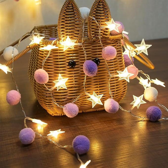 ChiRee Indoor String Lights 6.56 Feet Pom Poms Star Lights 20 LED Battery Operated String Fairy Lights Warm White Star Lights Colorful Decor Lights for Home Bedroom Kids Playhouse Holiday Christmas
