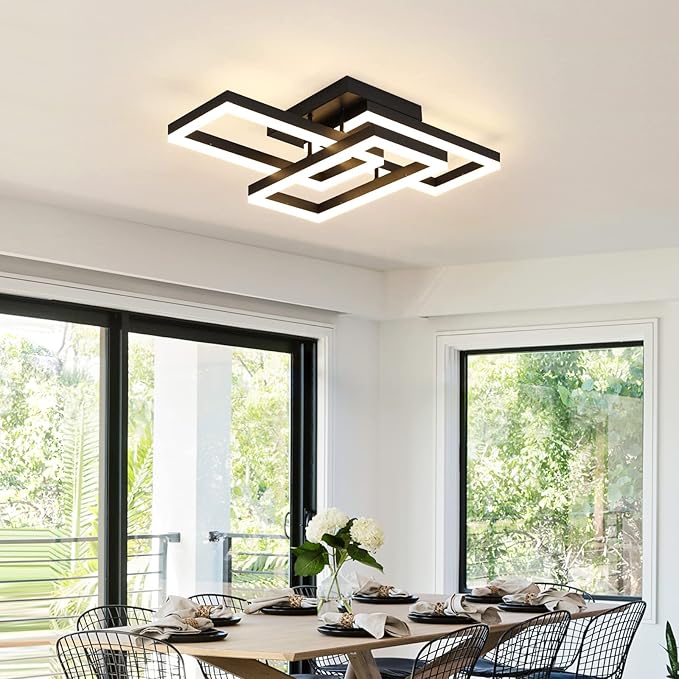 Modern LED Ceiling Light, Black Square LED Flush Mount Ceiling Light, APP and Remote Control Dimming 3000K-6500K for Dining Room, Living Room, Kitchen, Bedroom, Office