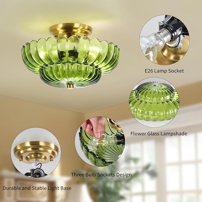 Semi Flush Mount Ceiling Light Fixture Vinatge Gold Ceiling Lights Mid Century Modern Green Glass Close to Ceiling Lighting Fixtures for Bedroom Hallway Foyer Bathroom Kitchen Laundry Room Nursery