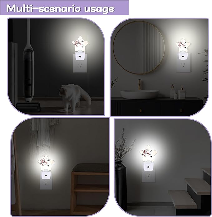 Birds Flying Nightlights Plug in Wall,Plum Blossoms Decorative Star Lamp with Automatic Lighting for Living Space,Gentle Glow for Kids Room,Hallway,Bathroom