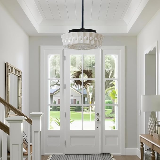 Vintage Glass Pendant Light, Mid-Century Modern Creamy Hanging Light Fixture with 14" Glass Shade, Adjustable Stem Industrial Ceiling Lamp for Kitchen Island, Dining Room, Entryway