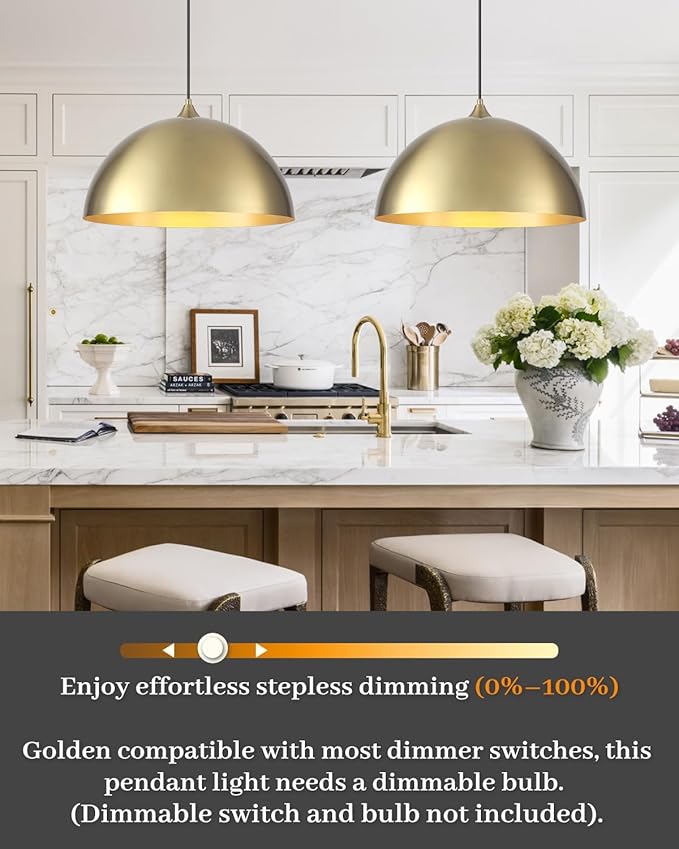 Gold Pendant Light 3 Packs, Gold Dome Pendant Light 16 inch, Large Pendant Lights Kitchen Island, Industrial Farmhouse Pendant Lights for Kitchen Island, Dining Room, Cafe, Bar