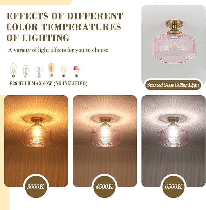 11.8in Semi Flush Mount Ceiling Light Fixture, Vintage Striated Glass Kitchen Lighting Fixtures Ceiling Mount for Entryway Hallway Bedroom Dining Room Bathroom Foyer Laundry (Pink)