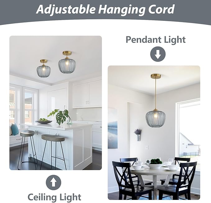 KCO Lighting Mid Century Modern Globe Hanging Light Brushed Gold Pendant Light Fixture Small Smoked Glass Pendant Light Vintage Striped Glass Ceiling Light Brass Kitchen Light Fixtures
