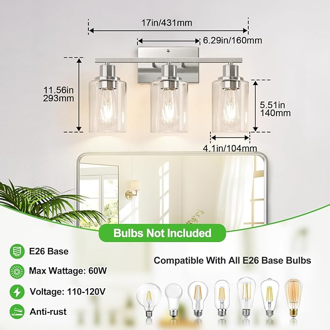 Indoi 3-Light Bathroom Light Fixtures, Brushed Nickel Vanity Lights with Clear Glass Shades, Modern Bathroom Wall Lamp for Mirror Living Room Cabinet Bedroom Porch