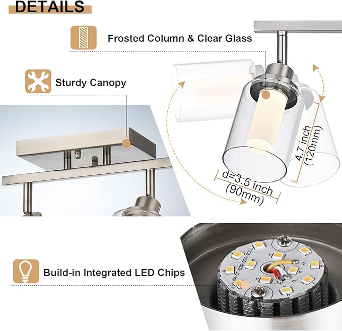 6-Light 5CCT LED Track Light Ceiling for Kitchen, Adjustable Directional Spotlight in Brushed Nickel Bathroom Lighting Fixture with Clear Glass & Frosted Colunm