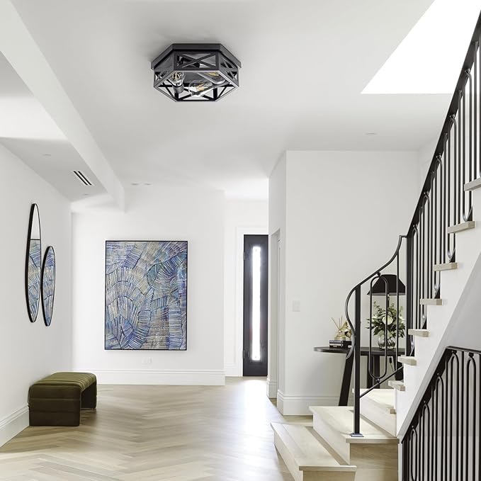 2 Pack Industrial 3-Light Semi Flush Mount Ceiling Light Fixture,Farmhouse Black Sputnik Ceiling Lighting, Modern Chandelier E26 Base Pendant Lamps