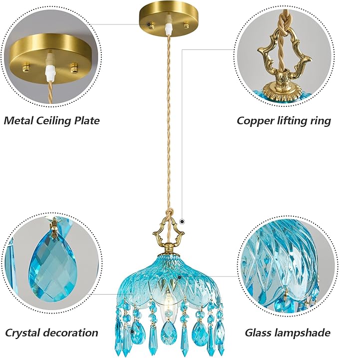 Brass Vintage Pendant Light Blue Crystal Hanging Light Fixtures,Adjustable Height Blue Glass Pendant Lights for Kitchen Island Dining Room Living Room Bedroom Hallway(Blue,1-Pack)