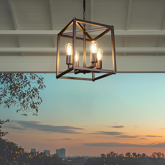 Solar Chandelier Outdoor, 14" Farmhouse Waterproof Dimmable Hanging Pendant Lights for Gazebo, Pergola, Canopy Decor