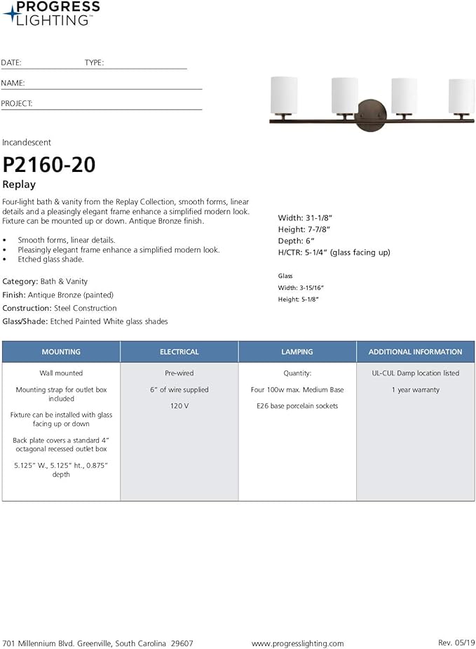 Progress Lighting P2160-20 Replay Bath & Vanity, 4-Light, Antique Bronze