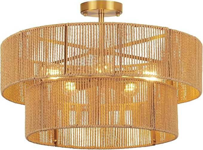 22” Boho 2-Tier Rattan Ceiling Light Fixture, 5-Light Flush Mount Woven Chandelier for Bedroom, Dining Room, Kitchen, Entryway, Living Room, Rustic Gold Lighting
