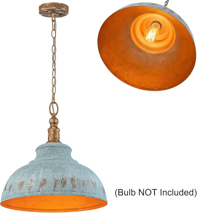 Single Pendant Lights, 15.75” Peacock Green Kitchen Island Lighting, Hanging Lamp for Dining Room, Vintage Light Fixtures for Living Room with Adjustable Chain for Flat Sloped Ceilings