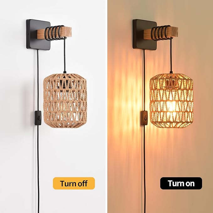 Rustic Wall Sconces Fixtures with Plug in Cord, Set of Two Indoor Vintage Rattan Wall Light Industrial Lamp Fixture Farmhouse Metal Sconces Light for Bedroom Bedside Living Room