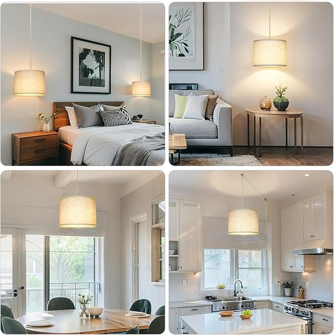 Qingmiao Boho Plug in Pendant Light, Hanging Lamp Plug in with Fabric Linen Shade, 3-Way Dimmable Hanging Light Fixture for Living Room Bedroom Kitchen Ceiling Farmhouse Home Decor