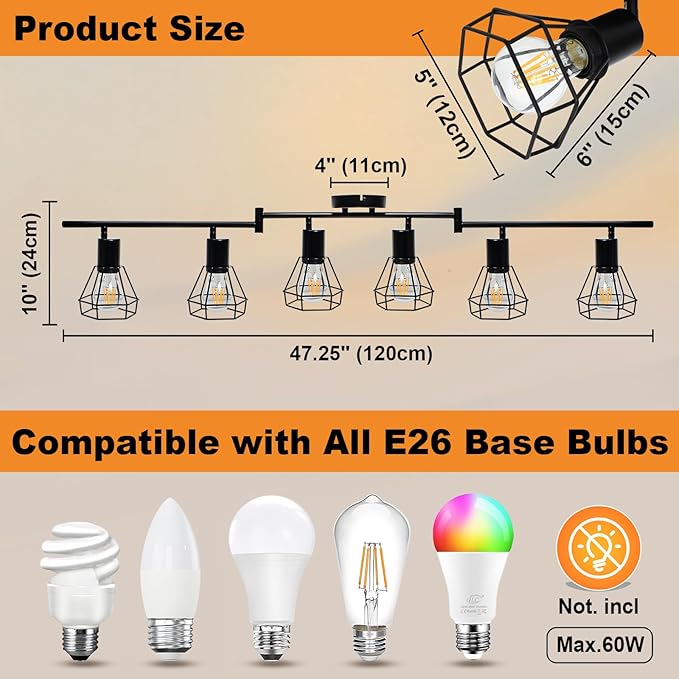 LTBLIGHT 6-Light Track Lighting Fixtures Ceiling, Adjustable Track Light Fixture, Black Metal Wire Cage Farmhouse Spotlight for Kitchen, Bedroom, Hallway, E26 Base(Bulbs Not Included)