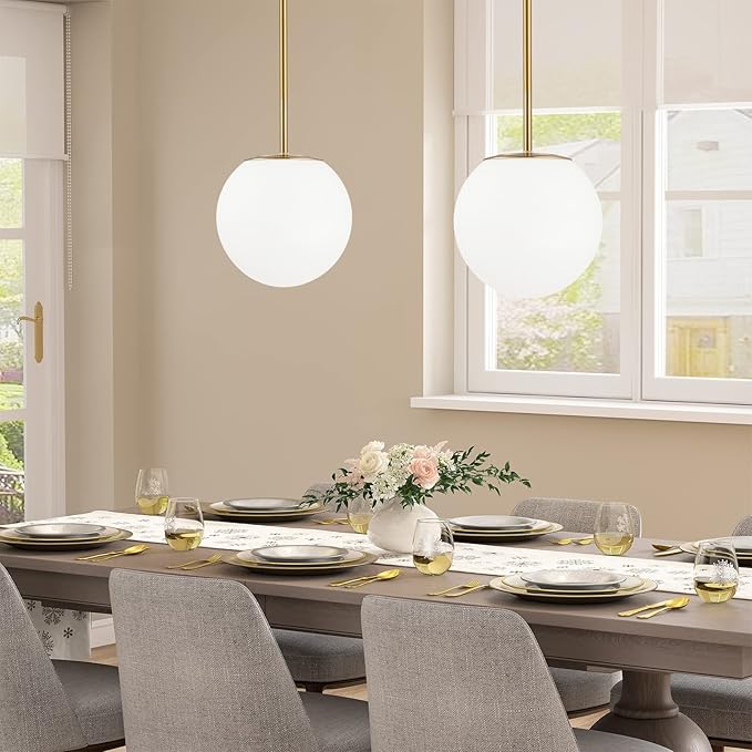 Modern Globe Pendant Light – Large Mid Century, Shatterproof Acrylic Opal Shade, Gold Finish, 2-Light, Adjustable Height for Sloped Ceilings, Hanging Lamp for Kitchen Island Dining Room Hallway