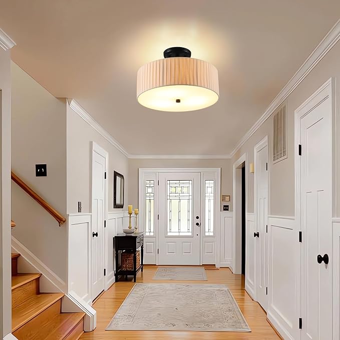 13.8 Inch Semi Flush Mount Ceiling Light Fixture, 3-Light Modern Farmhouse Drum Pendant with Fabric Shade for Bedroom Hallway Entryway Living Room (Oatmeal Pinch Pleated+Black)