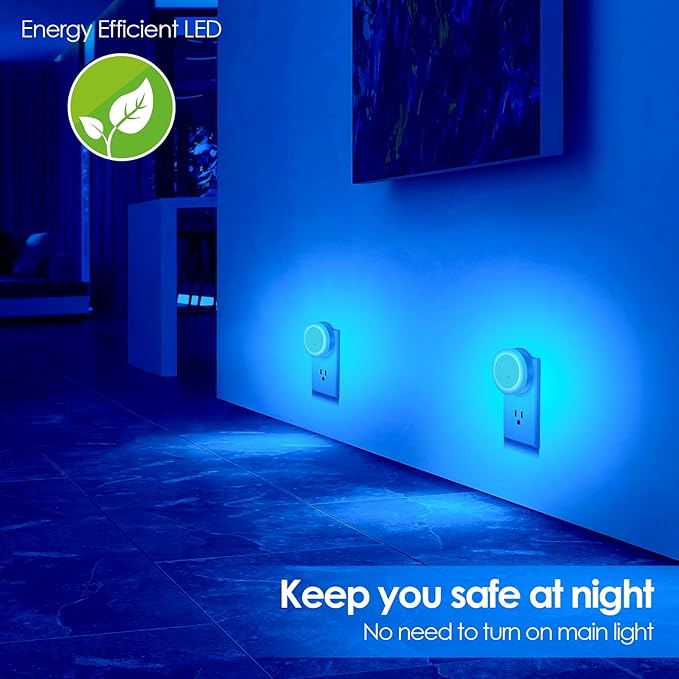 FOLKSMATE LED Night Light, Dimmable Plug-in Dusk to Dawn Sensor Hallway Lights, Smart Nightlight for Bathroom, Bedroom, Adults & Kids Room, Kitchen, Stairway, Blue, 2-Pack