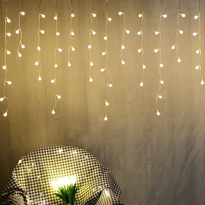 YOLIGHT Fairy Curtain Lights, USB/Battery Powered Ball Icicle Light 13ft 96 LED Globe String Hanging Lights for Bedroom Dorm Wedding Party Christmas Decoration (Warm White (Remote))