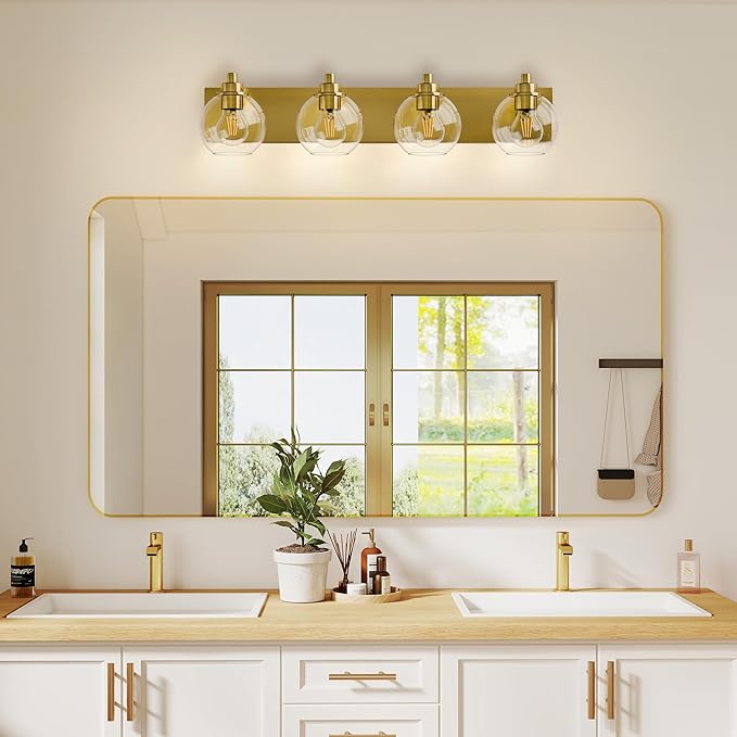 Espird 4 Light Bathroom Light Fixtures-Brushed Gold Bathroom Vanity Lights, Modern Vanity Lights 4-Light Bathroom Lighting Fixtures Over Mirror with Clear Glass Globe Shade