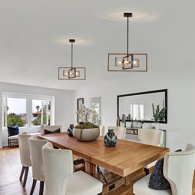 Farmhouse Chandelier, 5-Light Geometric Ceiling Light Fixture, 22" Adjustable Height Pendant Lighting for Living Room Foyer Entryway Dining Room Faux Walnut Grain