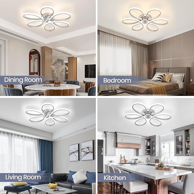 26inch Modern LED Ceiling Light, 6 Rings Flower Flush Mount Light Fixture with Remote Control Chrome Dimmable Ceiling Lamp for Living Room, Bedroom, Dining Room, Hallway, Kitchen