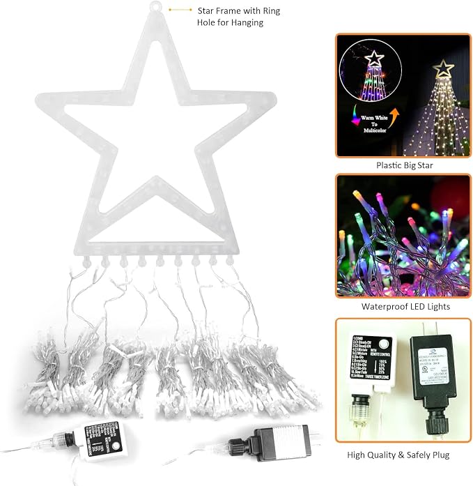 DANLI Outdoor Christmas Decoration Star String Lights,320 LED 16.4ft Christmas Lights Waterfall Tree Lights with 13" Topper Star,Plug-in Hanging Fairy Lights for Xmas New Year Holiday Party