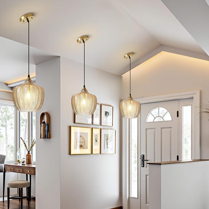 Modern Gold Pendant Light, Amber Glass Farmhouse Kitchen Island Pendant Light Fixture Adjustable Vintage Hanging Ceiling Light for Dining Room Corridor 9.45 inch 1 Pack, UL Certification