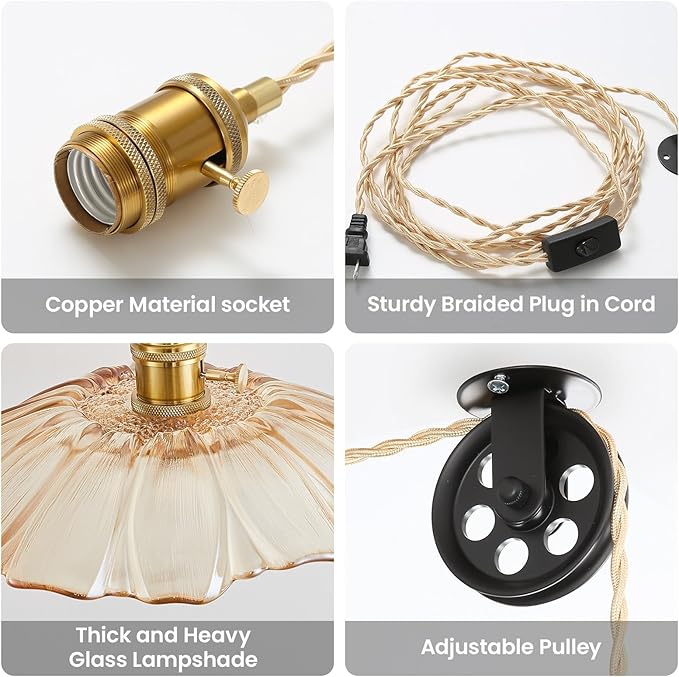 Plug in Glass Pendant Lights Kitchen Island Brass Glod Vintage Hanging Light Fixture Flower Light for Bedroom Kitchen Hallway Corded On/Off Switch Bathroom Amber Sunflower