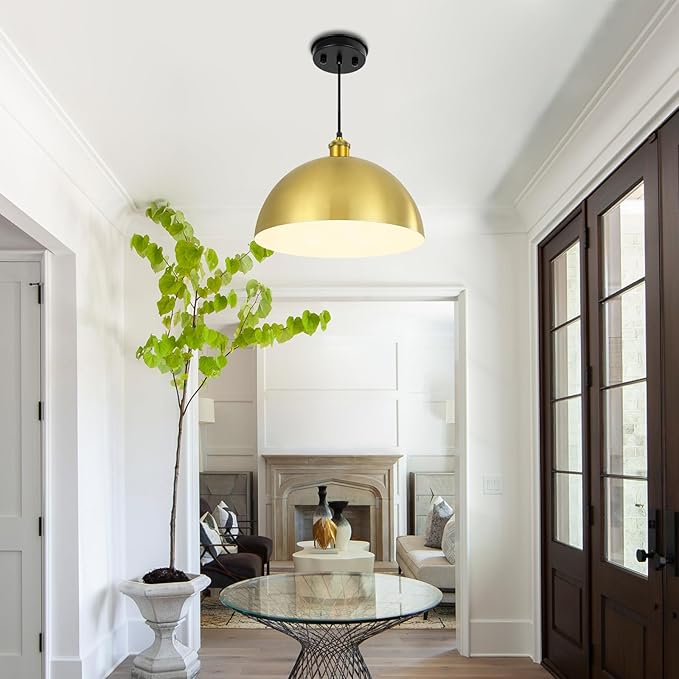 Gold Pendant Light, 12" Farmhouse Ceiling Light with Gold and White, Elegant Semi-Circular Shade Design, Adjustable Height Industrial Dome Pendant Lights for Kitchen Island, Dining Room