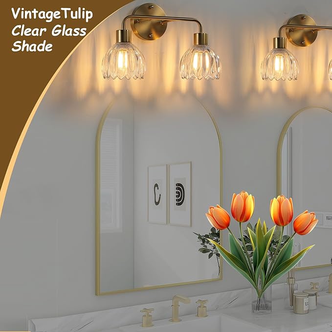 2-Light Gold Brass Bathroom Light Fixture with Clear Tulip Glass Shade,Wall Sconces,Vintage Vanlity Light Over Mirror,Bathroom Wall Light,E26 Socket(Bulbs Not Included)