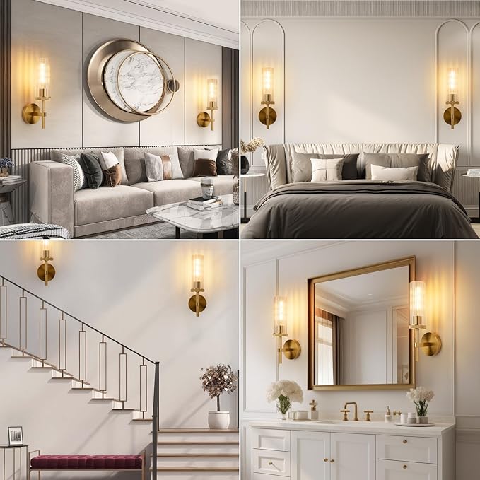 15" Knurled Gold Hardwired Wall Sconces Set of 2, Bathroom Vanity Light Fixtures with Vertical Striped Glass Tube, Modern Lamp Lighting for Bedroom, Living Room, Hallway, Staircase, Mirror, Kitchen