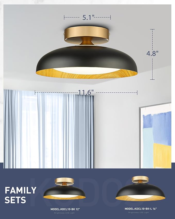kudos Flush Mount Ceiling Light,12-inch LED Ceiling Light Fixture,Painted Wood-Grain Finish,12W/700lm Hanging Light Fixture for Bedroom,Hallway,3000K/4000K/6000K Adjustable, KDCL10-BK