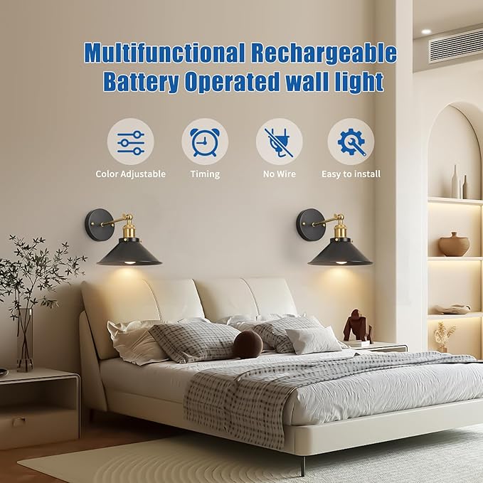 Bailoch Black & Gold Vintage Rechargeable Battery Operated Wall Sconces, Cordless Battery Powered Led Wall Lights Set of 2, Wall Lamp Fixture Indoor with Remote Control for Bedroom Farmhouse Gallery