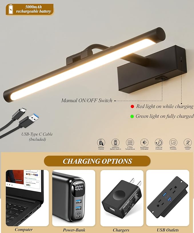 Picture Lights for Wall Battery Operated,16 Inch Black Wireless Rechargeable Art Lights for Pictures,3CCT Dimmable Retractable Painting Light with Remote & Timer,Glare-Free for Gallery Light