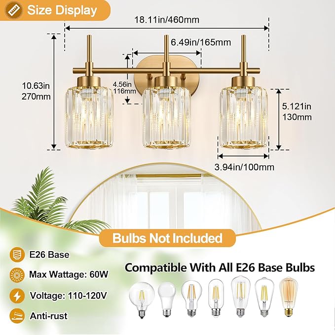 Modern Crystal Bathroom Vanity Light, 3-Light Brushed Gold Bathroom Light Fixtures with Clear Shades, Vanity Lighting Fixtures Over Mirror (Exclude Bulb)