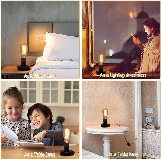 Industrial Table Lamp, Small Polished Metal Desktop Light Socket Base, Vintage E26/E27 Edison Screw Light Bulb Holder, 5.57ft Cord with On/Off Switch and US Plug (Black Color)
