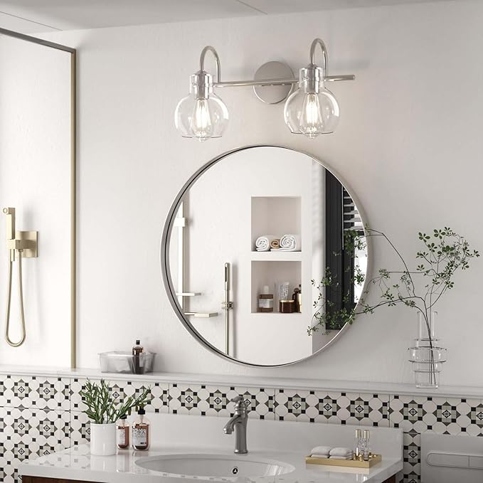 2-Light Bathroom Light Fixtures, Brushed Nickel Vanity Light with Clear Glass Shade,Modern Wall Sconce for Mirror Bath Bedroom Hallway Farmhouse Kitchen