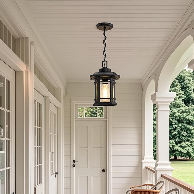 WIHTU Outdoor Pendant Light Fixture, Exterior Hanging Lights, Hanging Lantern with Adjustable Chain, Anti-Rust Aluminum Frame with Glass with Raindrop Effect for Front Door Ceiling Entry Porch
